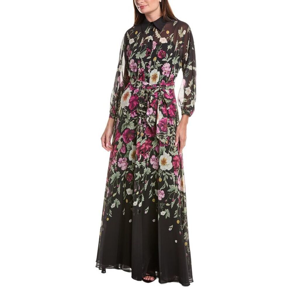 Teri Jon By Rickie Freeman Womens  Chiffon Floral Print Maxi Shirtdress, Black